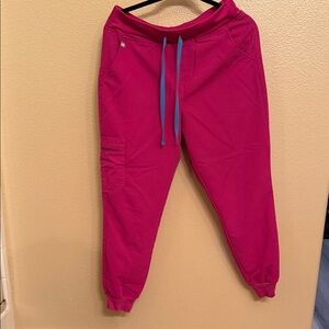 Figs Vibrant Pink Jogger Scrub Pants with Blue Drawstring